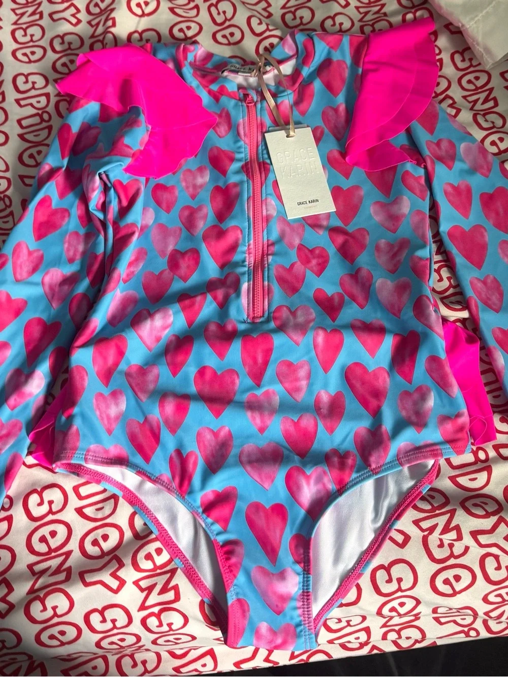 Grace Karin Blue One-Piece Rashguard Swimsuit with Pink Hearts